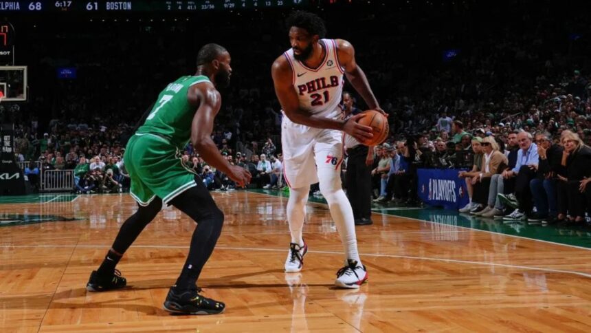 BOSTON, MA - MAY 2: Joel Embiid #21 of the Philadelphia 76ers is guarded by Jaylen Brown #7 of the Boston Celtics during the game during Round One Game Seven of the 2026 NBA Playoffs on May 2, 2026 at TD Garden in Boston, Massachusetts. (Photo by Brian Babineau/NBAE via Getty Images)