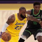LOS ANGELES, CA - APRIL 30: Los Angeles Lakers forward LeBron James (23) looks to get past Minnesota Timberwolves guard Anthony Edwards (5) during game 5 of the first round of the NBA Western Conference Playoffs between the Minnesota Timberwolves and the Los Angeles Lakers on April 30, 2025, at Crypto.com Arena in Los Angeles, CA. (Photo by Jevone Moore/Icon Sportswire via Getty Images)