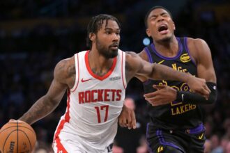 Apr 21, 2026; Los Angeles, California, USA; Houston Rockets forward Tari Eason (17) drives past Los Angeles Lakers forward Rui Hachimura (28) during the second half of game two of the first round of the 2026 NBA Playoffs at Crypto.com Arena. Mandatory Credit: Jayne Kamin-Oncea-Imagn Images