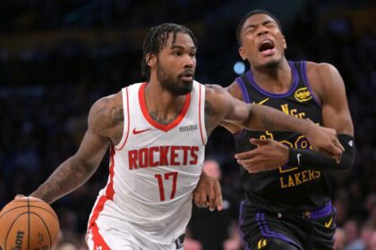 Apr 21, 2026; Los Angeles, California, USA; Houston Rockets forward Tari Eason (17) drives past Los Angeles Lakers forward Rui Hachimura (28) during the second half of game two of the first round of the 2026 NBA Playoffs at Crypto.com Arena. Mandatory Credit: Jayne Kamin-Oncea-Imagn Images