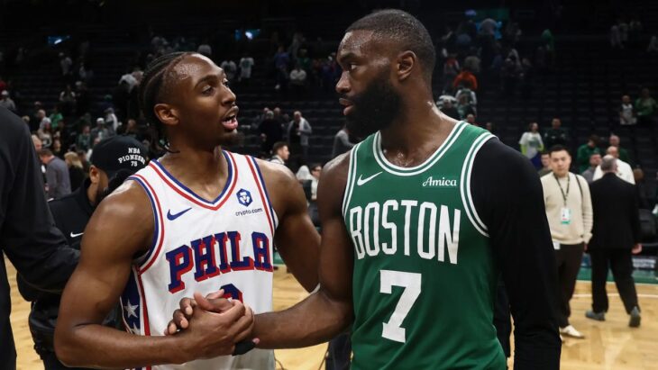 May 2, 2026; Boston, Massachusetts, USA; Philadelphia 76ers guard Tyrese Maxey (0) talks with Boston Celtics guard Jaylen Brown (7)after Philadephia’s win in game seven of the first round of the 2026 NBA Playoffs at TD Garden. Mandatory Credit: Winslow Townson-Imagn Images