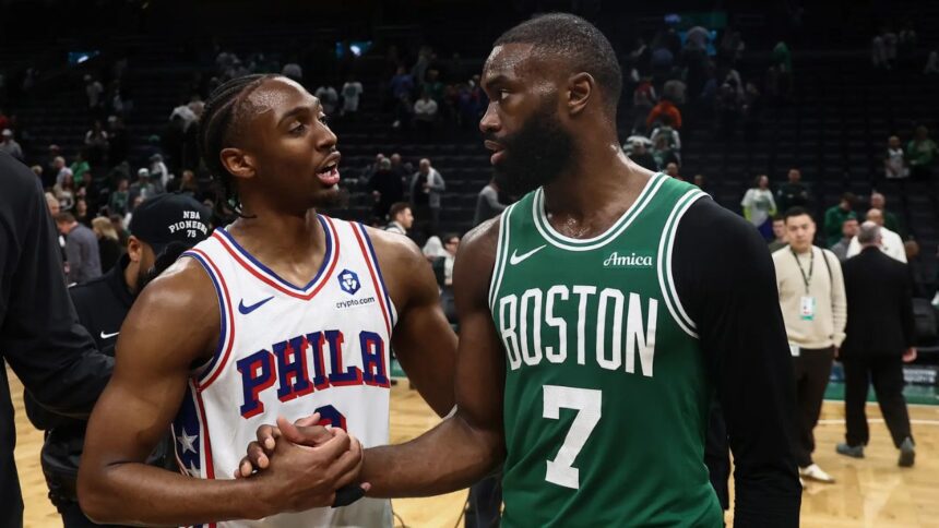 May 2, 2026; Boston, Massachusetts, USA; Philadelphia 76ers guard Tyrese Maxey (0) talks with Boston Celtics guard Jaylen Brown (7)after Philadephia’s win in game seven of the first round of the 2026 NBA Playoffs at TD Garden. Mandatory Credit: Winslow Townson-Imagn Images