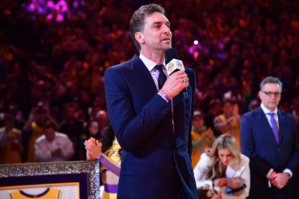 Former Los Angeles Lakers player Pau Gasol speaks during his jersey retirement during halftime at Crypto.com Arena.