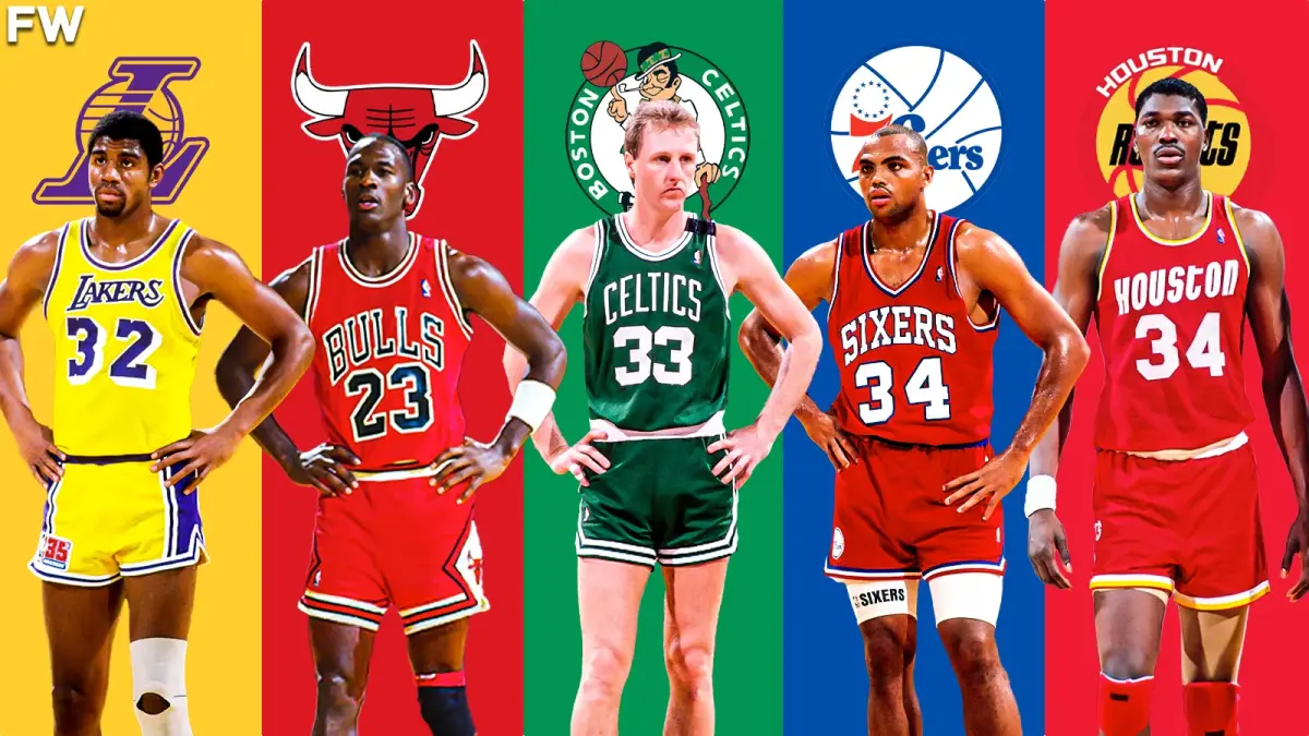 1988 All-NBA First Team: Magic Johnson, Michael Jordan, Larry Bird, Charles Barkley, Hakeem Olajuwon